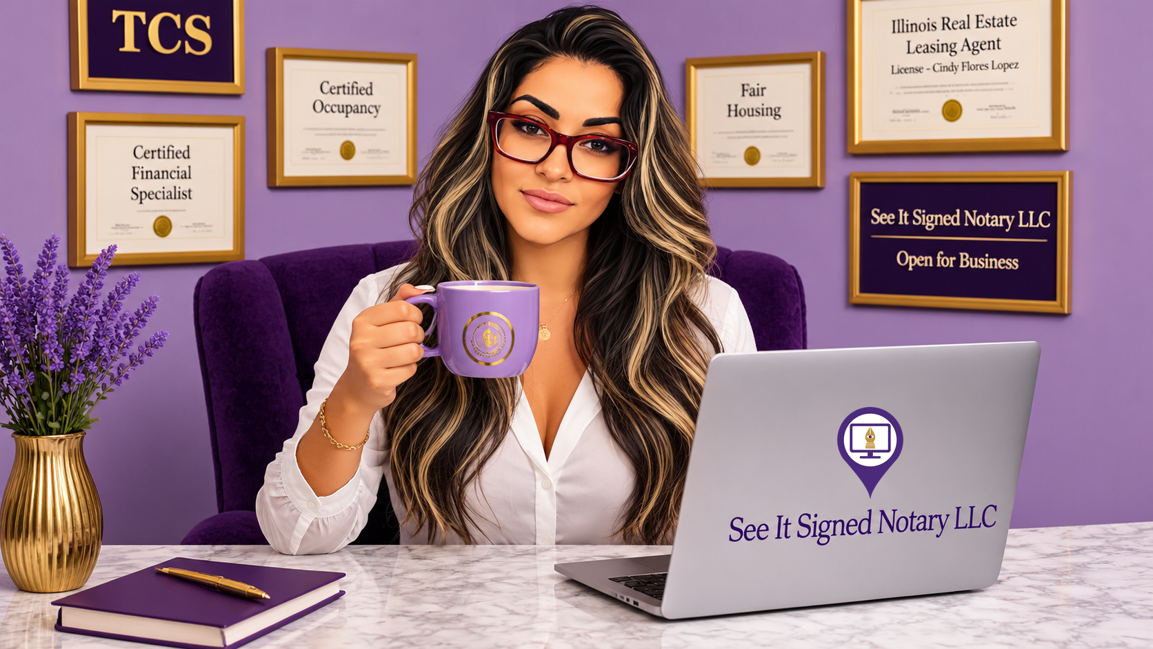 Cindy Flores Lopez at her See It Signed Notary desk